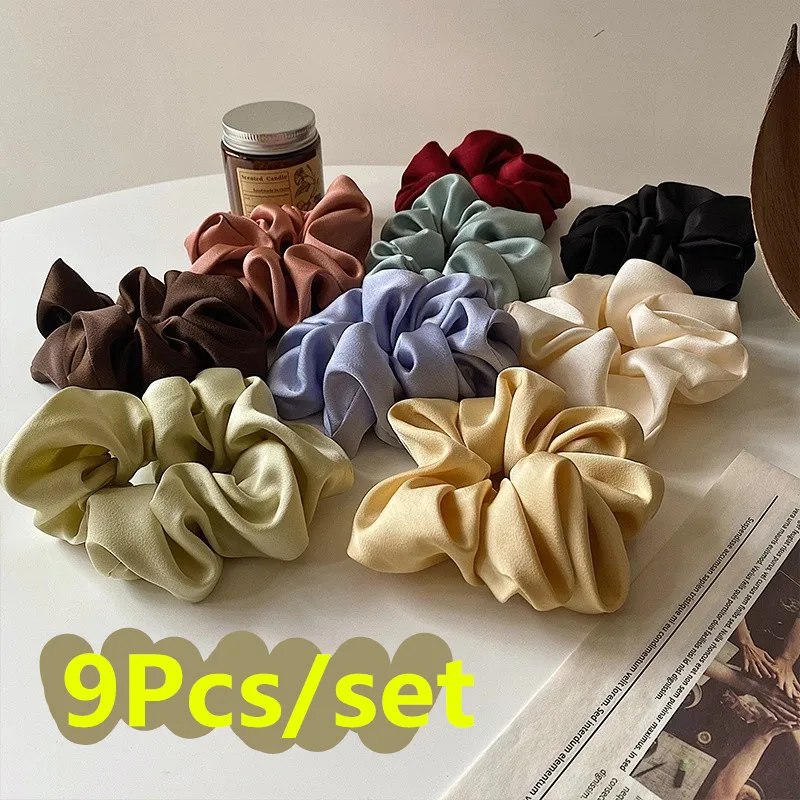 9Pcs/Set Women's Silk Scrunchies Elastic Rubber Band Handmade Multicolor Hair Band Solid Color Hair Ring Rope Fashion Headwear