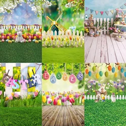 Happy Easter Background Photography Spring Wooden Board Green Grass Flower Eggs Cute Rabbit Baby Party Children Birthday Decor