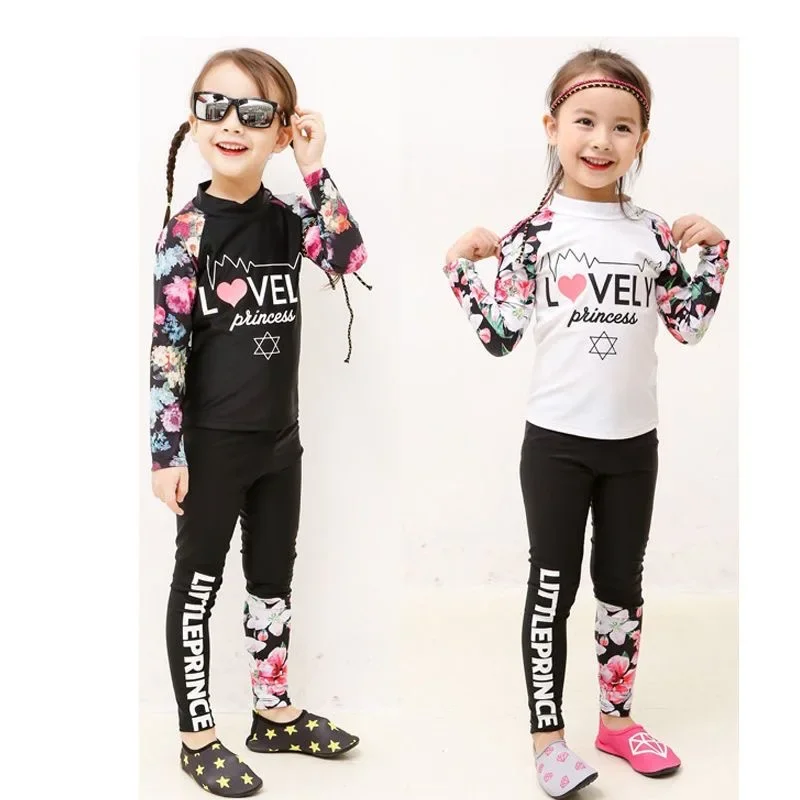 Duas peças manga longa cobrir flores coreia roupa de banho beachwear meninas trajes de banho criança