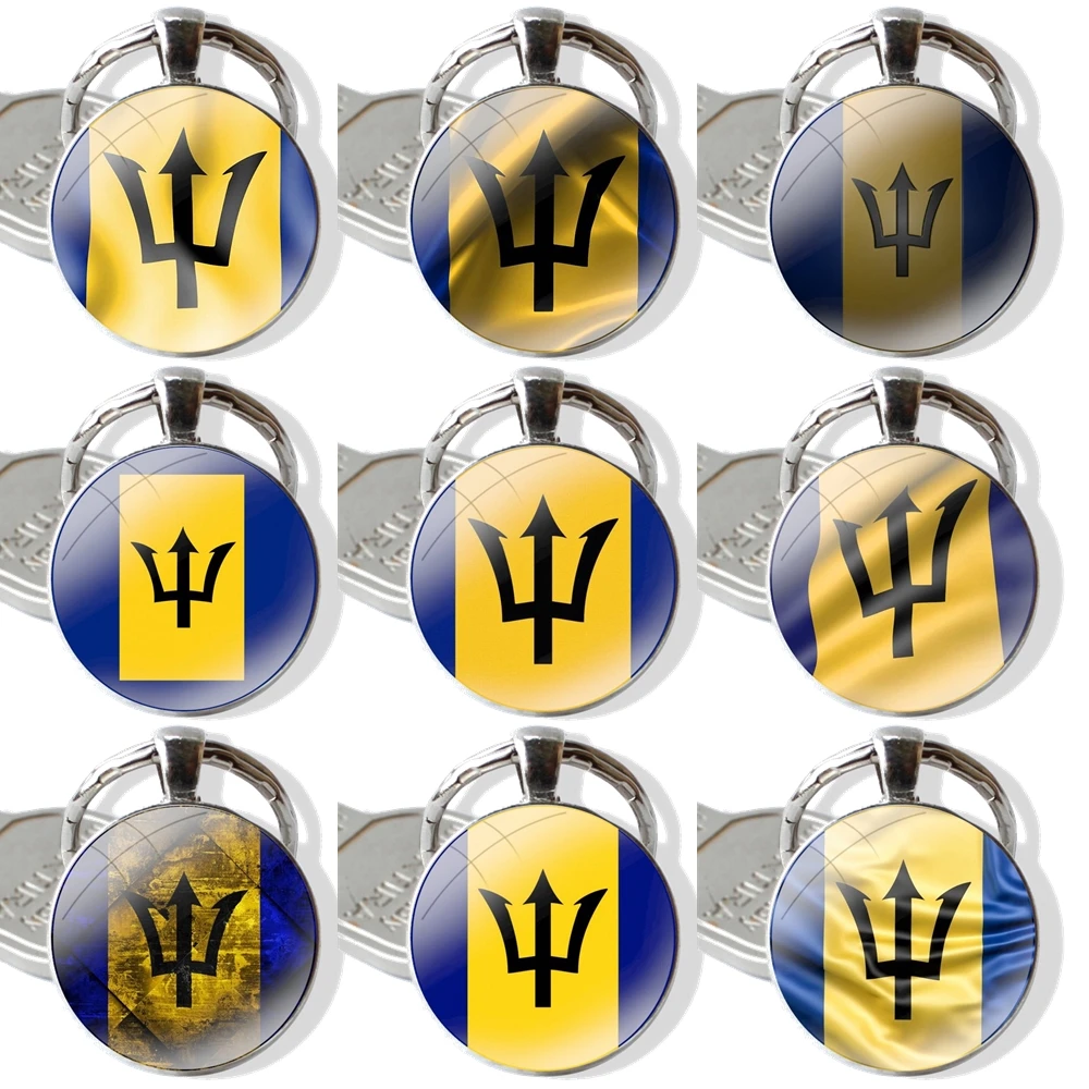 Keychain Handmade Glass Cabochon Key Ring Holder Pendant Key Chains Barbados Flag