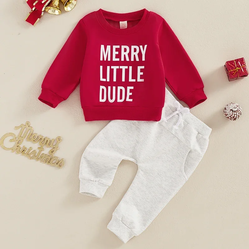 0-36months Infant Boys Christmas Pants Sets Long Sleeve Letter Print Sweatshirt Drawstring Pants Sets