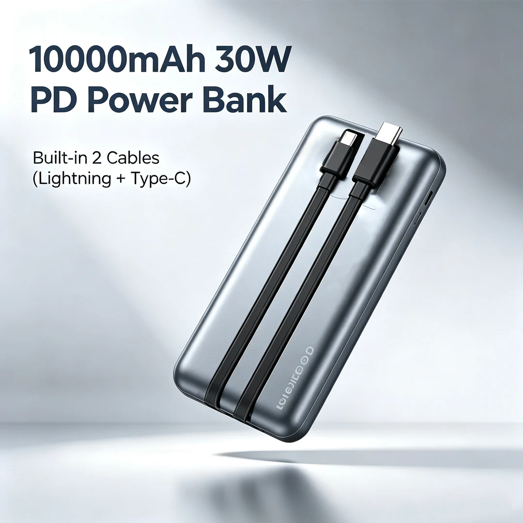 10000mAh Power Bank 30W PD Fast Charging with Built-in Type-C & Lightning Cables for iPhone 18/17/16/15/14/13/12 Samsung Travel Essentials