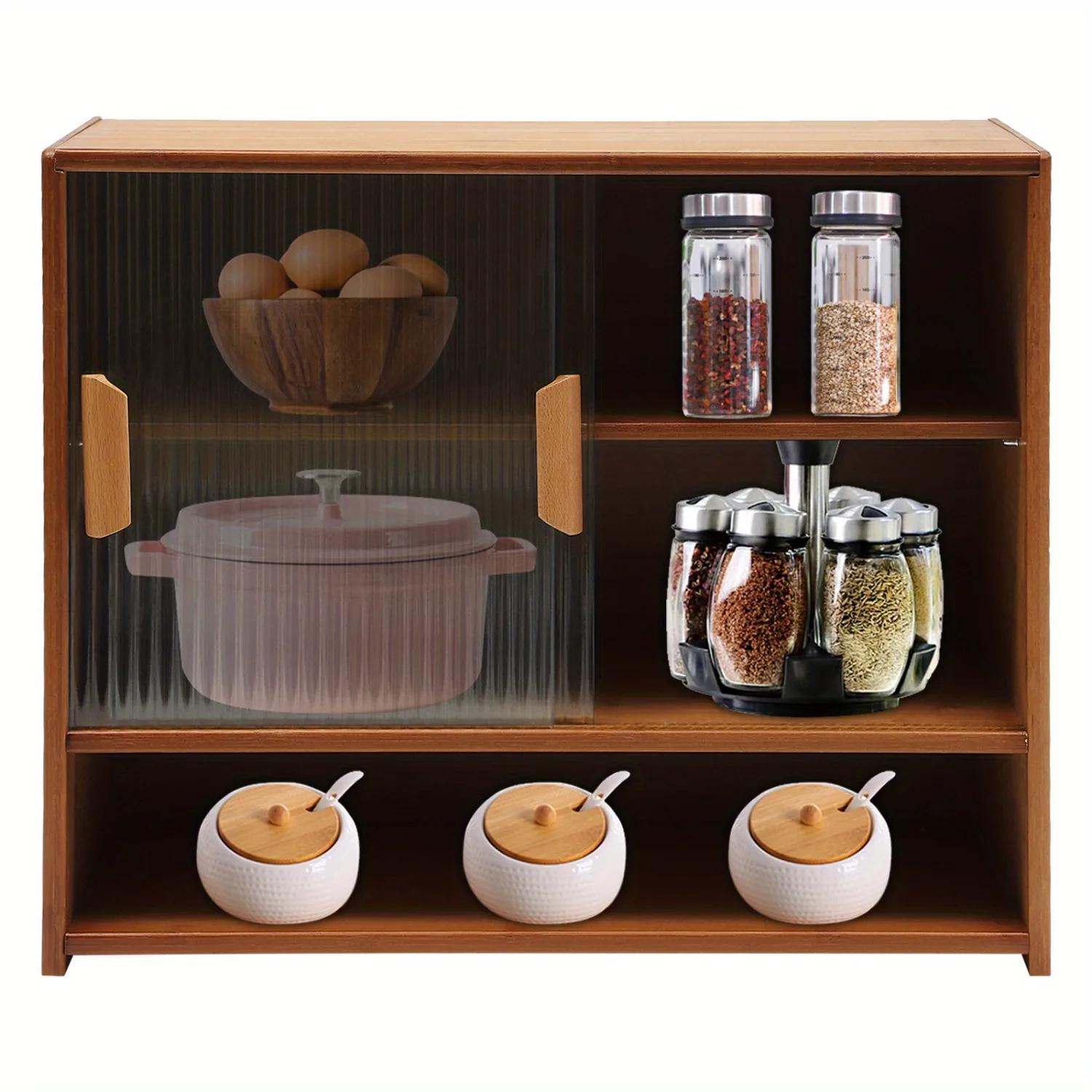 Pantry Sideboard High Quality Bamboo Glass Laminated Board Three Shelves Two Way Sliding Doors Ample Storage High Stability