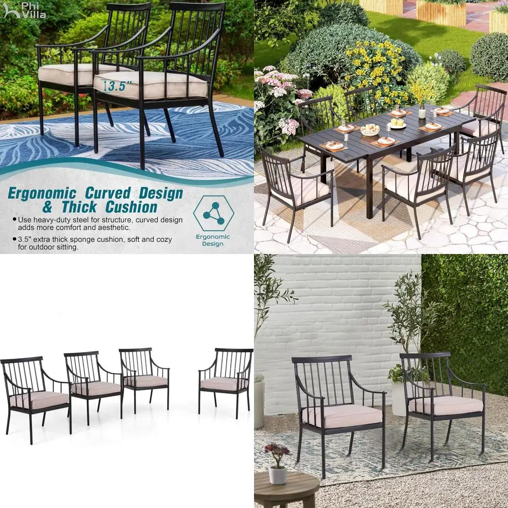 

Outdoor Metal Dining Chairs with Cushion, 300lbs Black Heavy Duty Weatherproo Chairs or Patio, Deck, Yard - Set o 4
