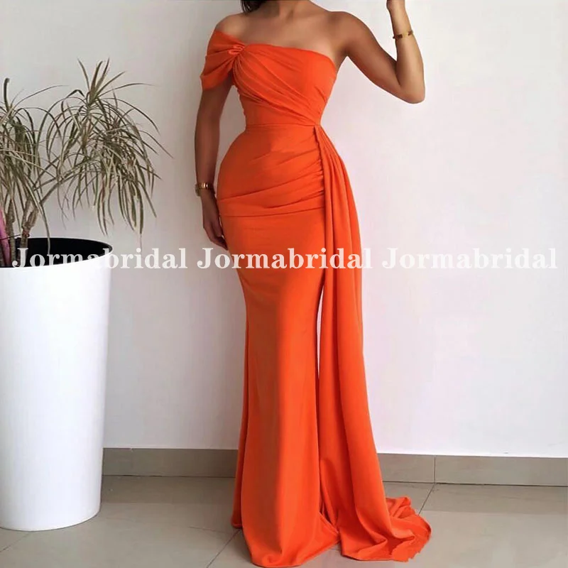 

Orange Mermaid Prom Dresses for Women 2022 Elegant One Shouler Ruched Crepe Party Gowns Draped Ribbon Evening Celebrity Dress