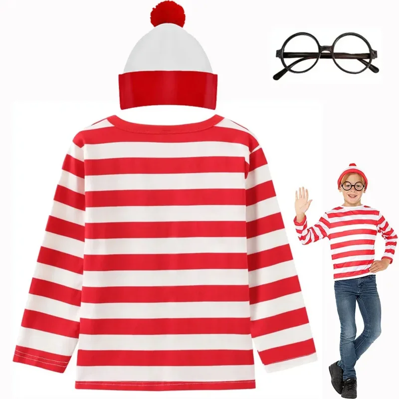 Traje de la semana del libro de Waldo para niños y niñas, disfraz de Wally Waldo de dibujos animados para padres e hijos, camisa a rayas rojas, sombrero, gafas