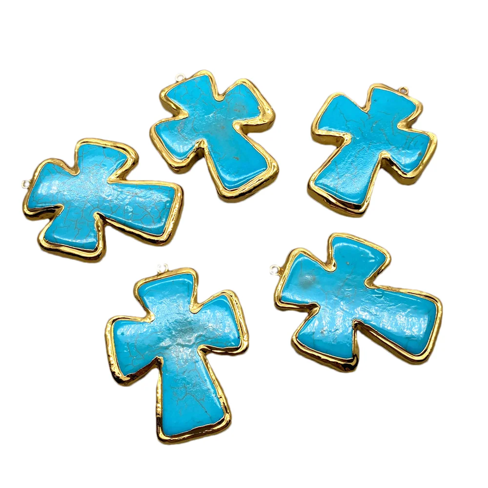 3 Pcs Stone Pendant Blue Turquoise Pendant Crucifix Gold Electroplated Charm Women Fashion Jewelry