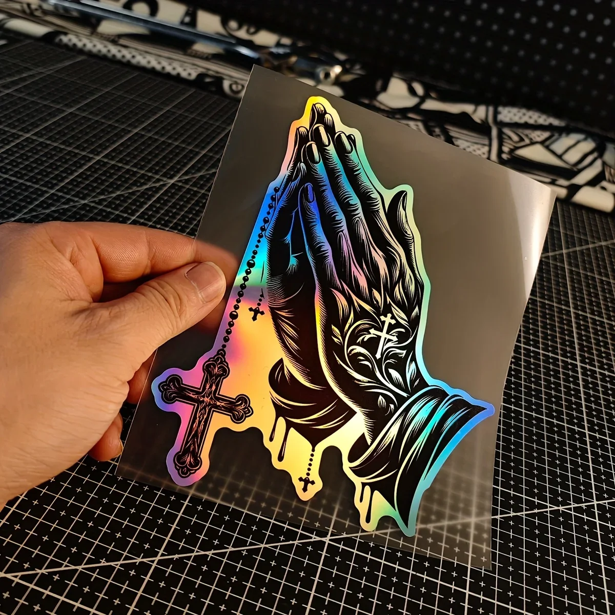 1pc Religious Car Sticker - Laser-Cut Christian Prayer Hands with Cross, Black to Purple Gradient
