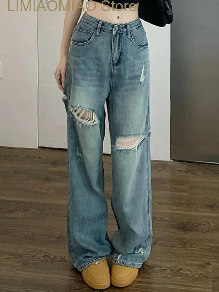 

New Bule Vintage Jeans Women Pockets High Street Fashion Denim Pants Female High Waist Designer Casual Wide Leg Pants