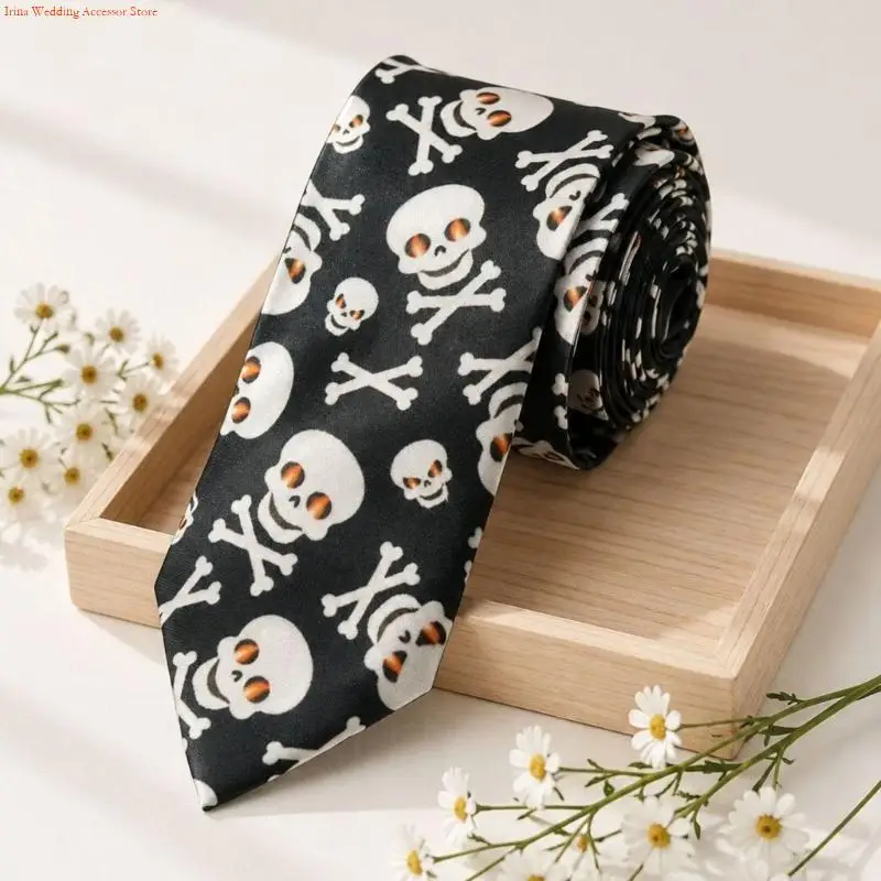 G92D Skeleton Print Halloween Tie for Adults, Black Polyester Necktie with Pointed Tip for Costume Parties and Cosplay Looks