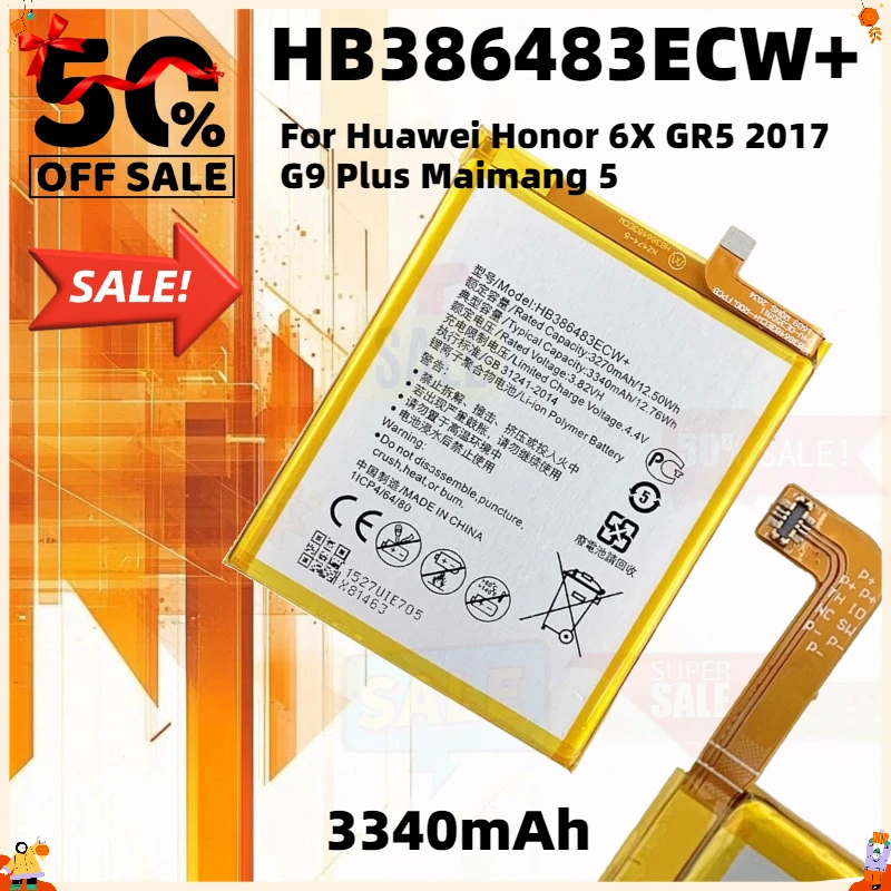 HB386483ECW+ Mobile Phone Battery for Huawei Honor 6X GR5 2017 G9 Plus Maimang 5 High Quality 3340mAh Replacement Batteries