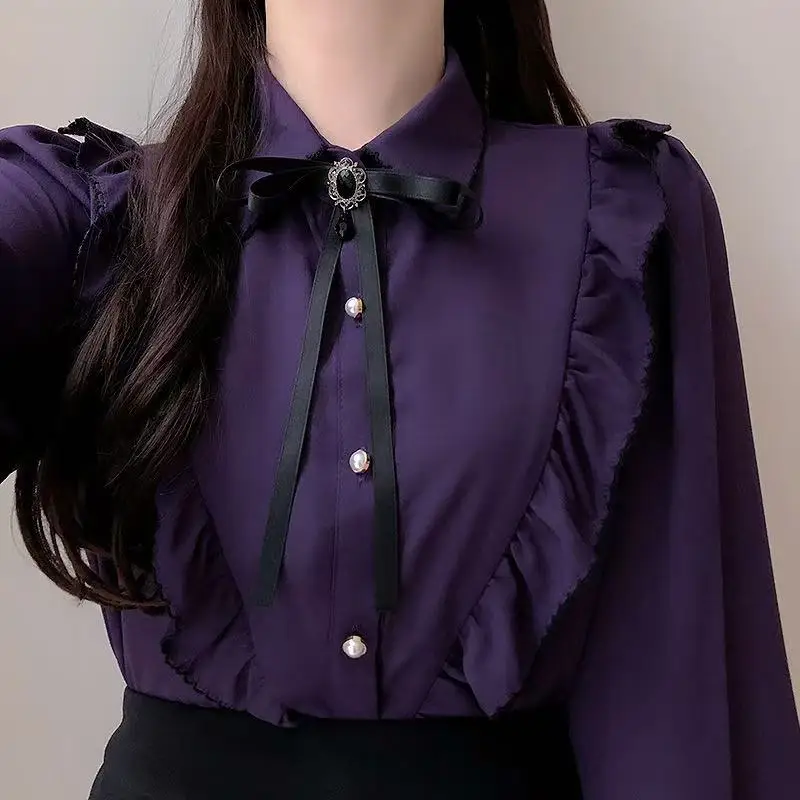 2025 New Airrval Elegant Korean Style Office Lady Camisas Mujer Long Sleeve Shirt Women Tops Ruffles Pearl Button Up Bow Blouses