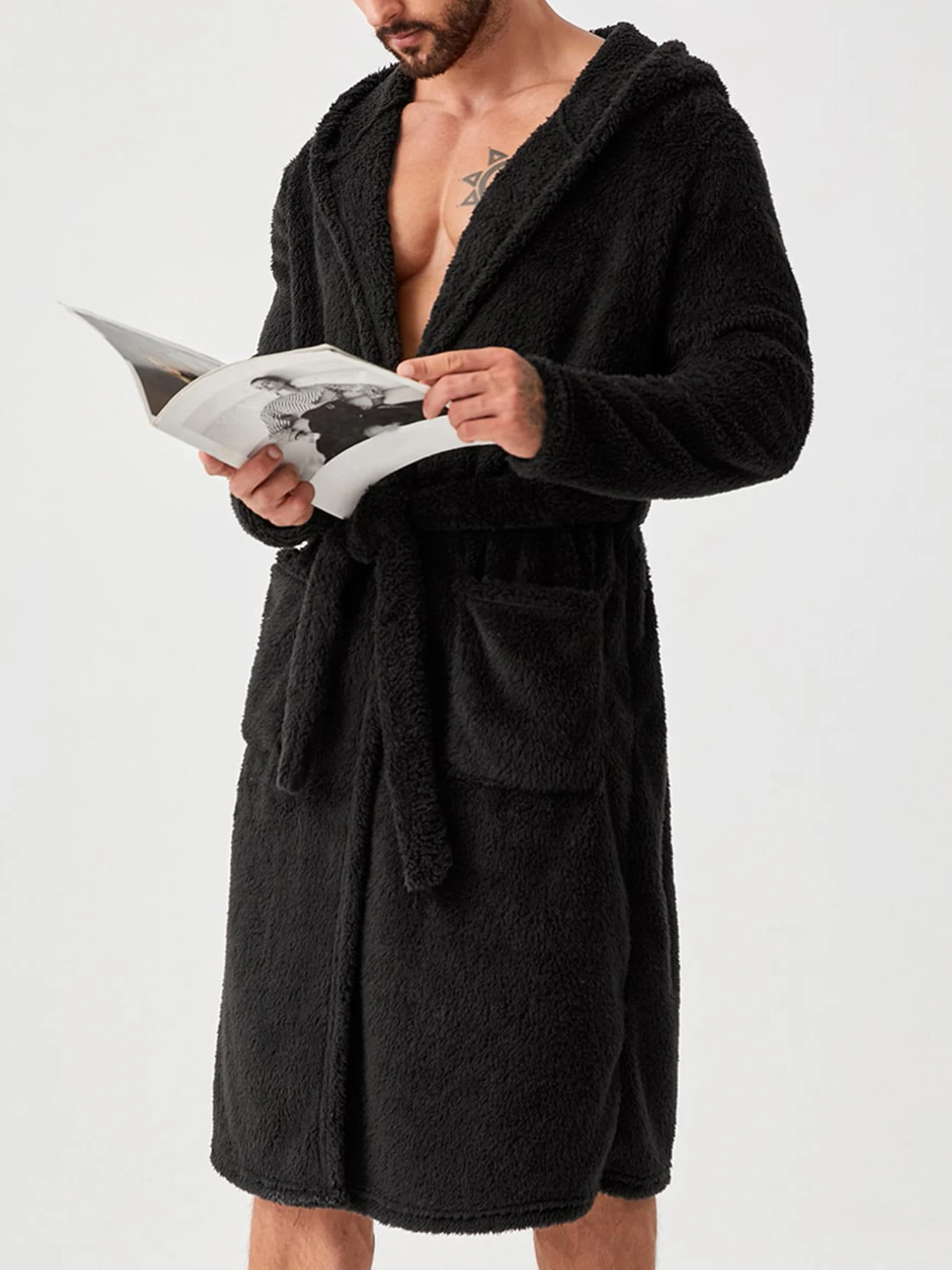 Men's Thick Plush Hooded Bathrobe Winter Warm Long Flannel Loungewear Nightgown
