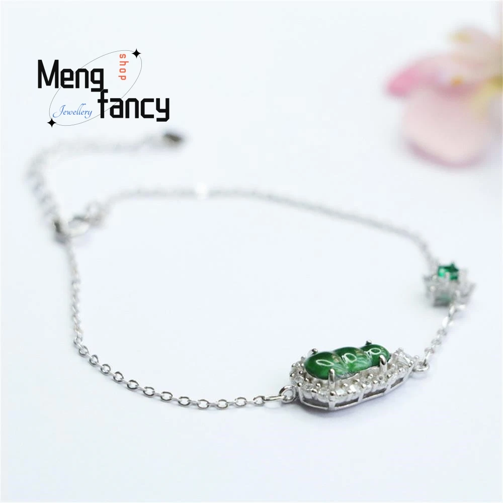 

S925 Silver Lnlaid Natural Ice Jadeite Green Seasonal Bean Bracelet Exquisite Elegant Simple High-grade Luxury Quality Jewelry