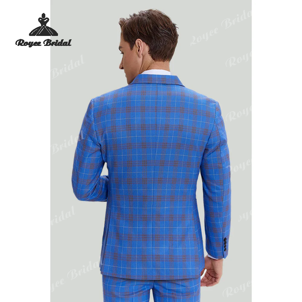 Three Piece Blue Plaid Men's Wedding Suit 2026 Peak Lapel Double Breasted Evening Business Prom Suit costume homme mariage