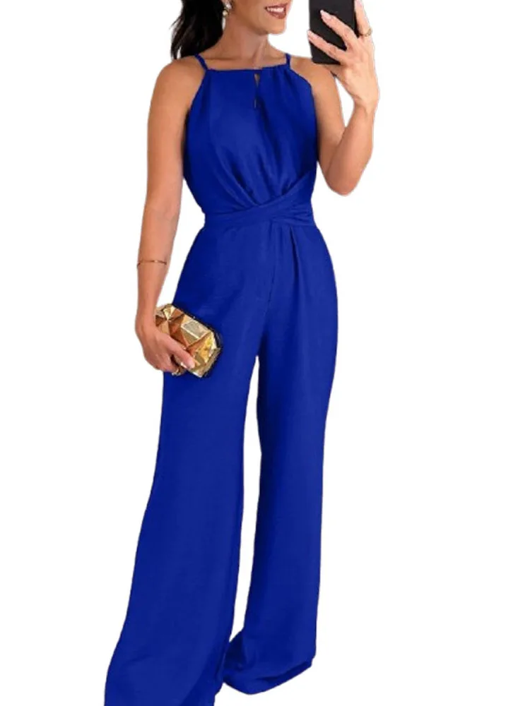 Verão nova cor pura feminina sve sexy fino ajuste pendurado ne cintura cinching calças de uma peça com cinto cintura baixa calças compridas