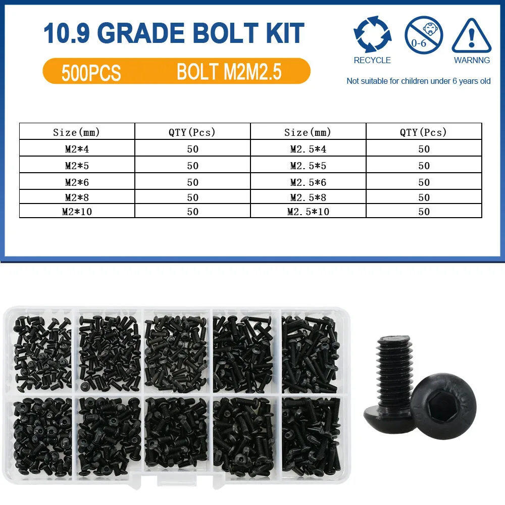 500 Stuks M2 M2.5 Kleine Schroef Bolt Kit 4mm 5mm 6mm 8mm 10mm Elektrische Schroeven Hex Hexagon Socket Cap Laptop PCB Allen Bouten Set