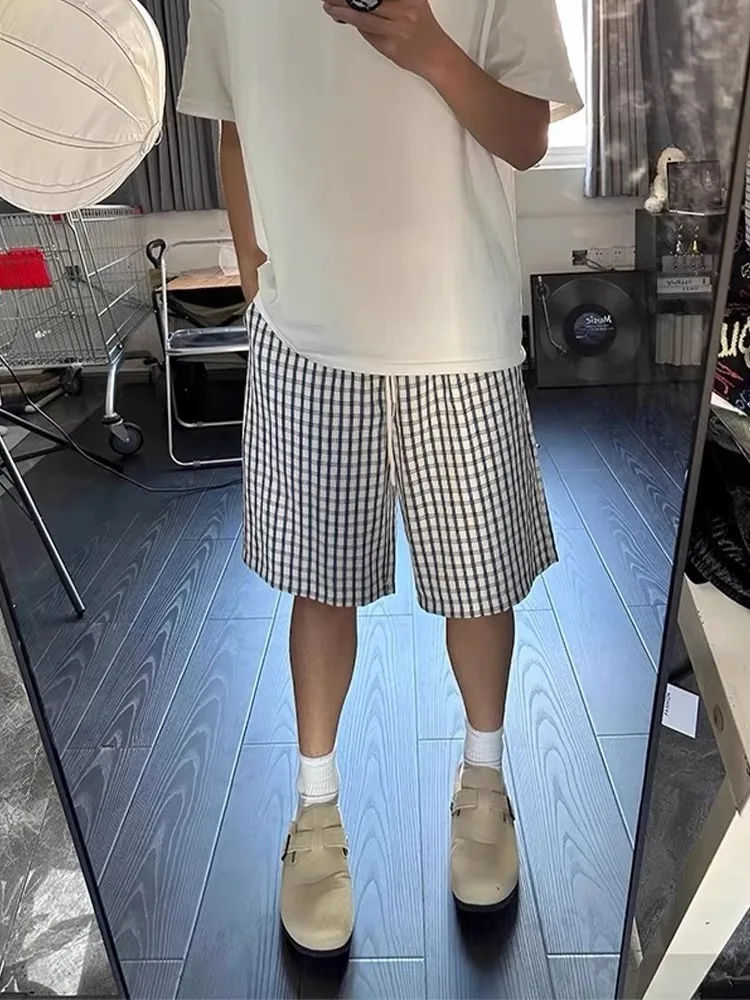 

American Sle Summer Plaid Bubble orts Men Casual Loose Baskeall Sport Four Five Split Pants Straight Tube Elastic Waist