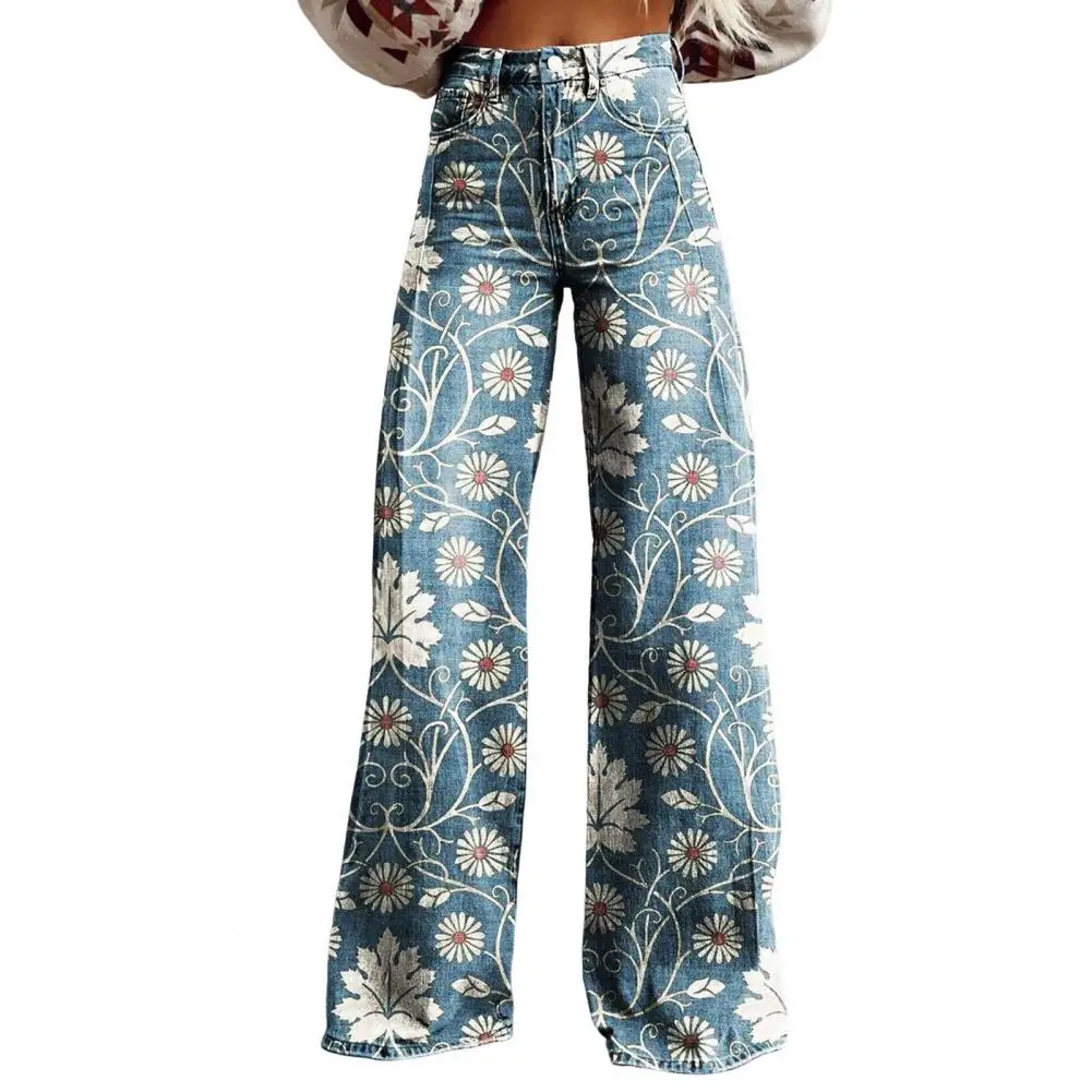 

Girlfriend Trousers Stylish Women's Denim Pants with Digital Flower Print Wide Leg Casual Trousers with Pockets for Fashionable