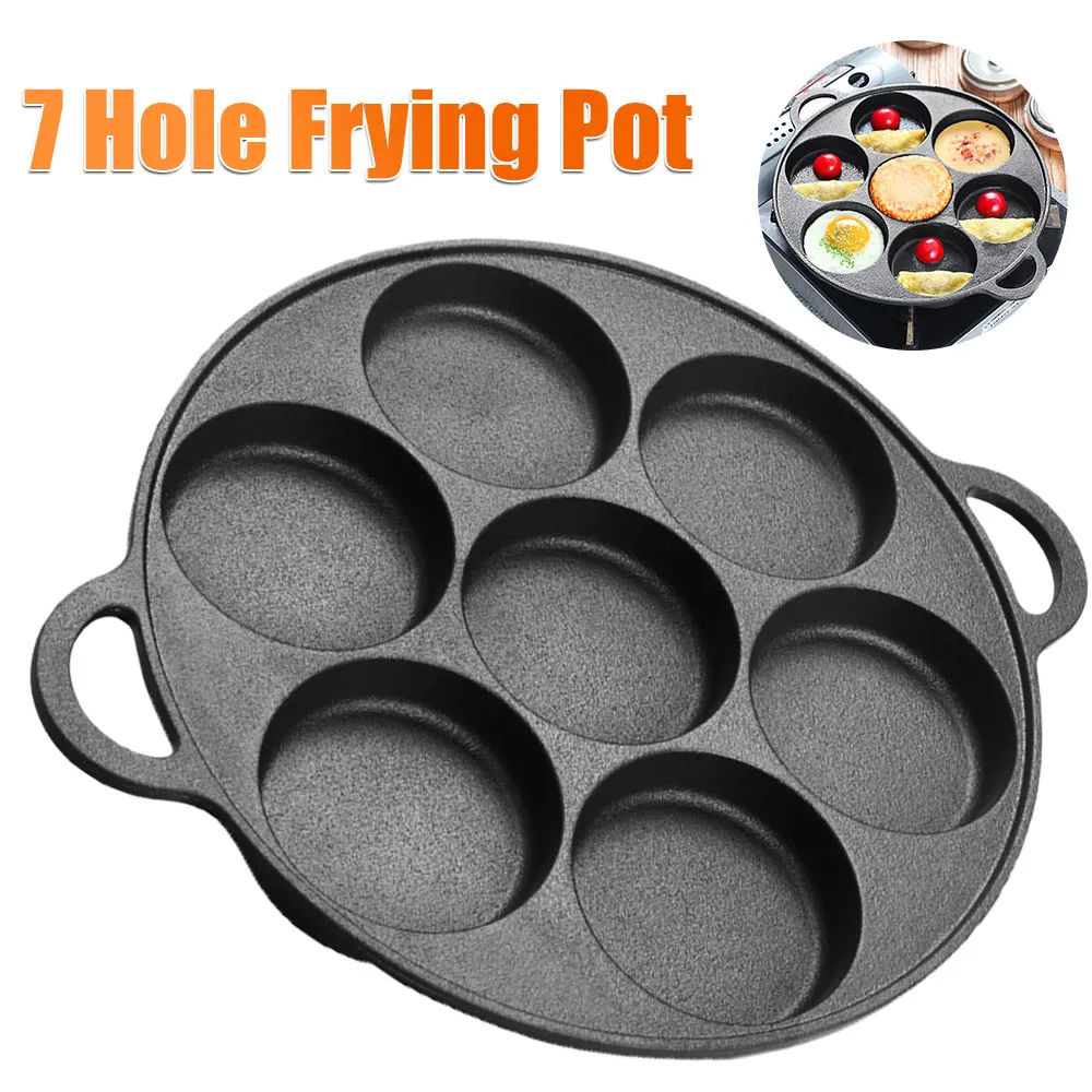 Sartén de hierro fundido antiadherente de 7 orificios para huevos, tortitas, filetes, jamón y tortillas, utensilio de cocina para preparar desayunos