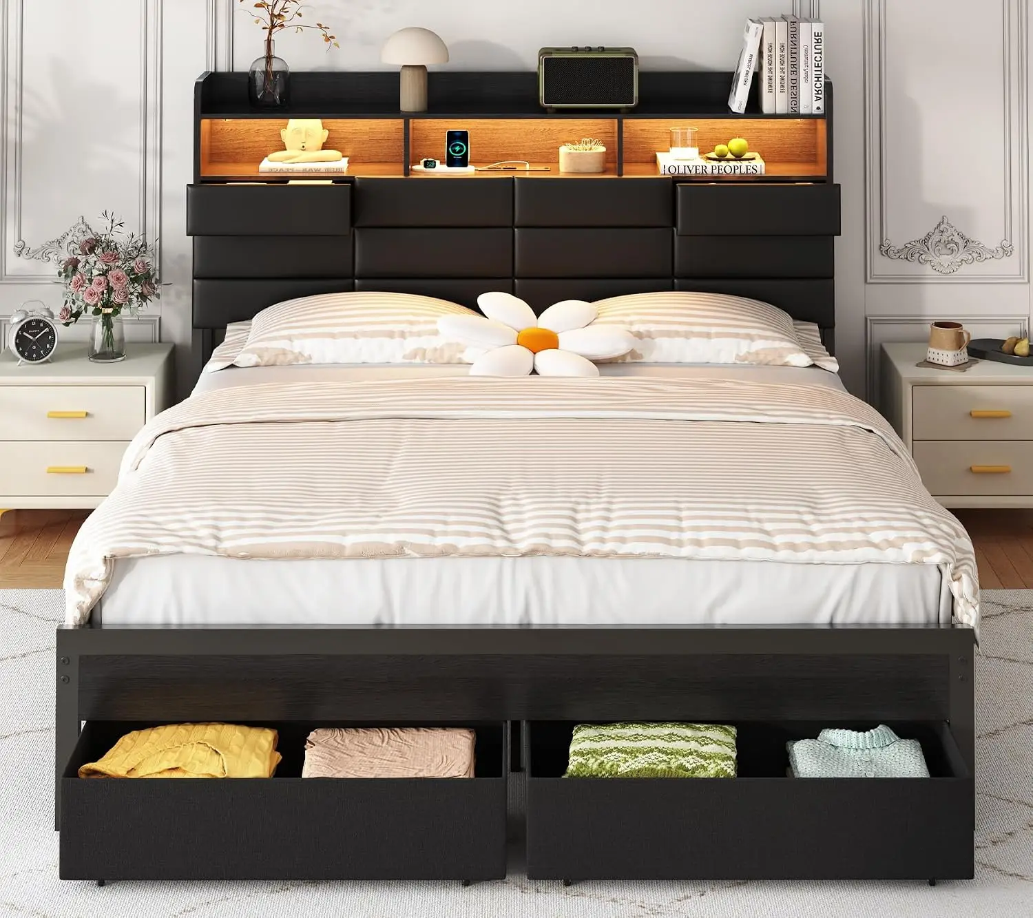 Queen Bed Frame with Storage Headboard, Upholstered Black Bed Frame with 4 Drawers, LED Lights, and Charging Station, Heavy-Duty