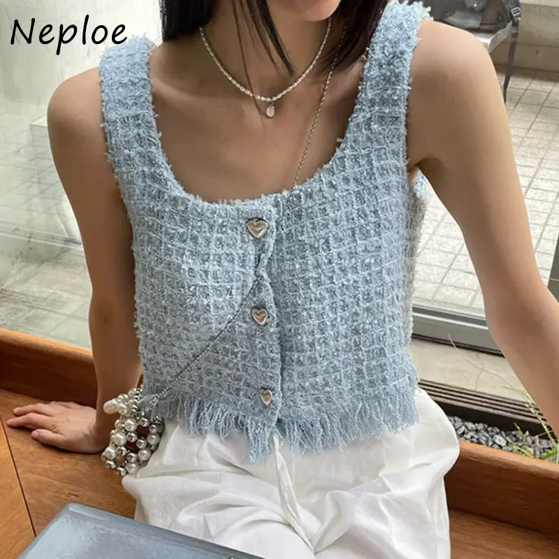 Neploe Chic Stile Profumato Camis 2024 Estate Collo Quadrato In Metallo Amore Bottone Nappa Bordo Grezzo Gilet Femme Elegnat Reggicalze Serbatoi