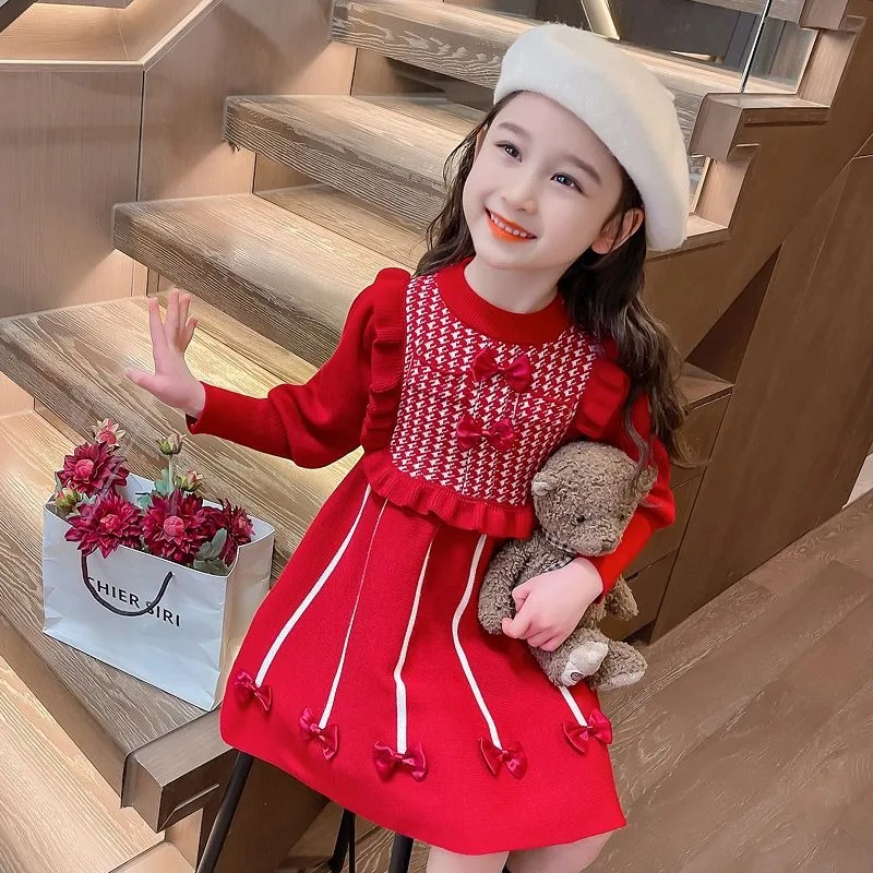 2025 Trendy Girls Spring Autumn Knit Princess Dress Korean Style Viral Baby Woolen A Line Dress for Children Warm Cotton Blend