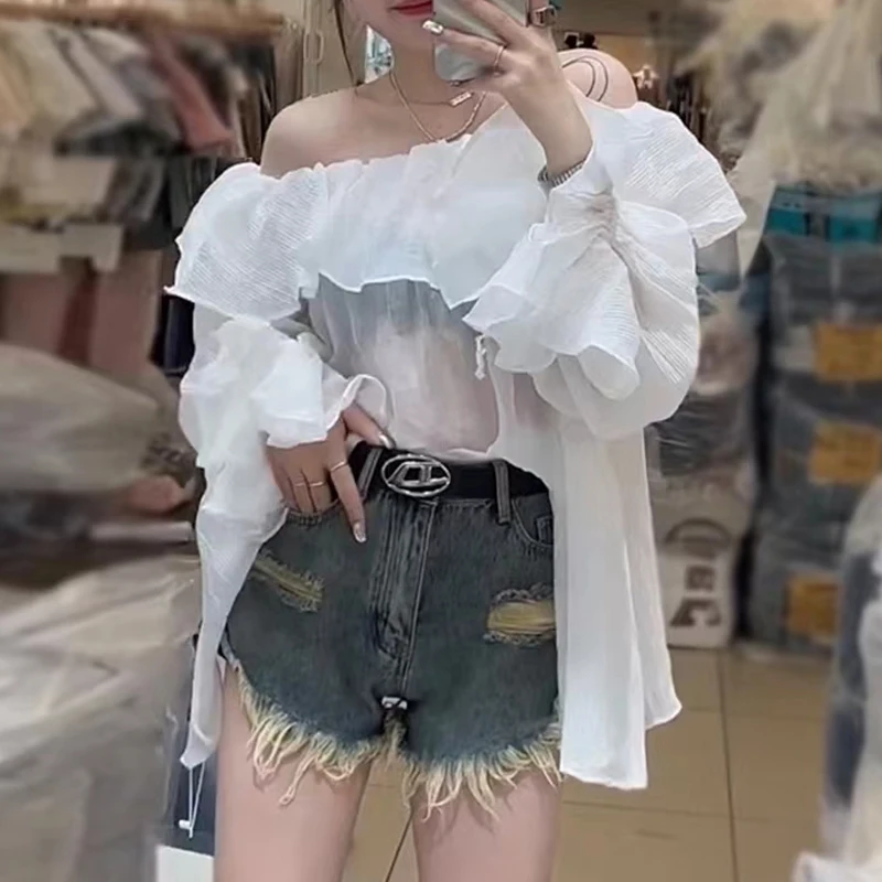 Sweet Off Shoulder Slash Neck Hollow Shirt Korean Style Loose White Blouse Casual Flared Long Sleeve Sunscreen Tops Blusas 27874