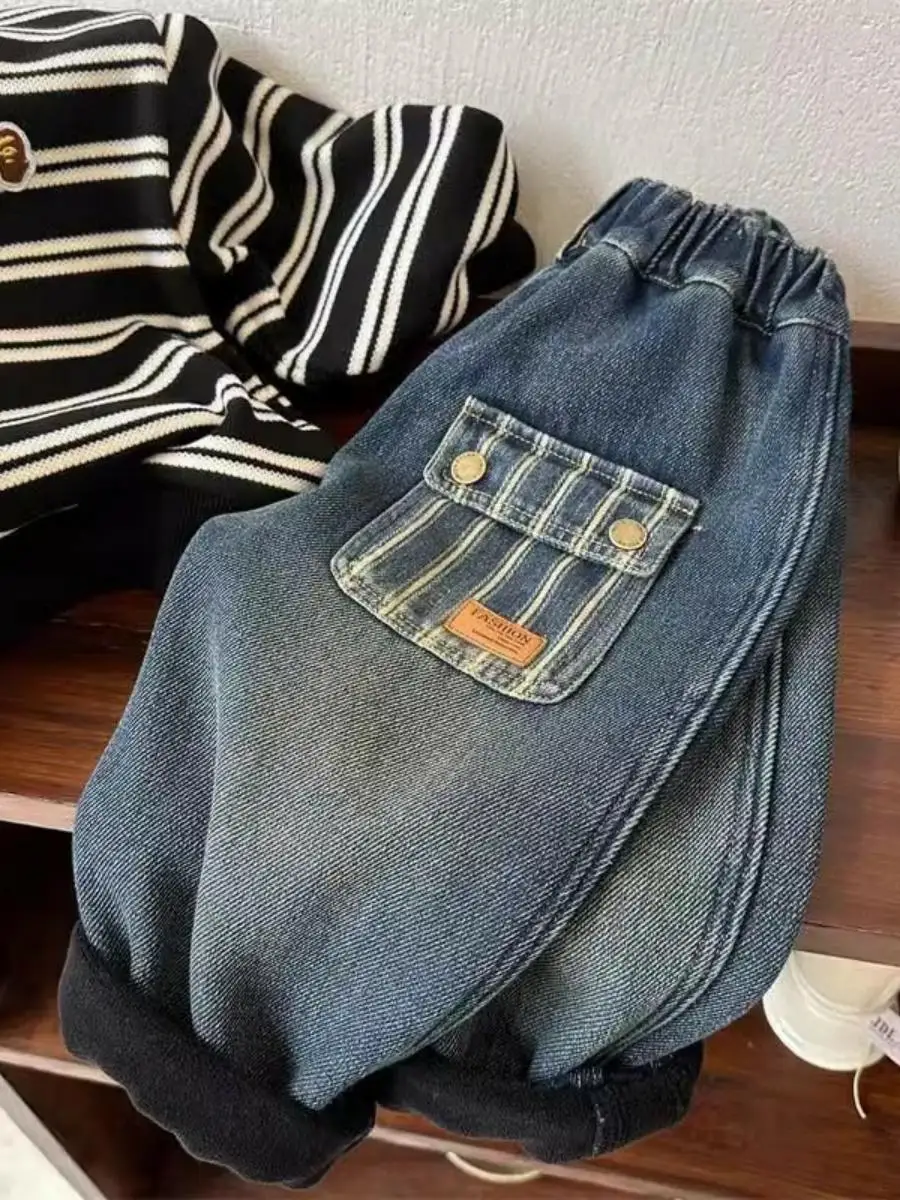 Thiened Fce 아동용 데님 청바지 가을 겨울 캐주얼 스트레이트 팬츠 아기 소년용 다용도 따뜻한 바지