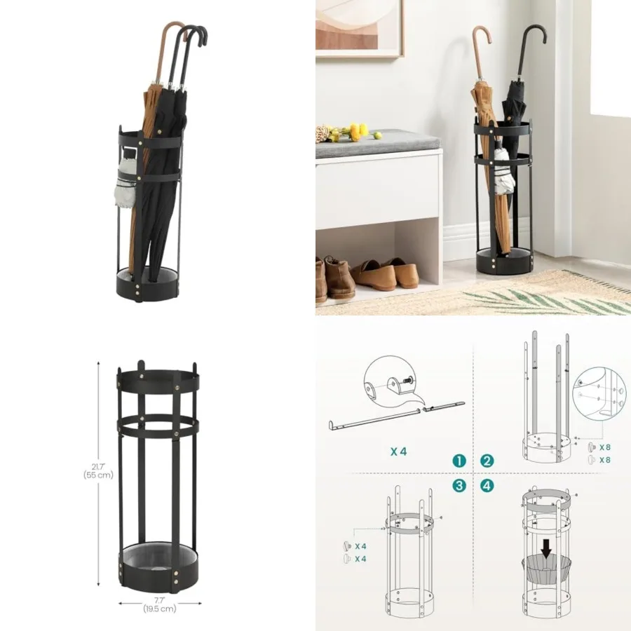 

Umbrella Stand, Steel Round Umbrella Holder Rack, 7.7 x 7.7 x 21.7 Inch, with Detachable Drip Tray, for Entryway, Office, Stabl
