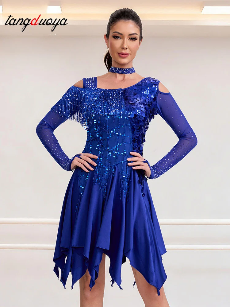 

Women Group Latin Dance Dresses Salsa Sequin Mesh Sleeves Sequins Competition Costume off shoulder Necklace Fringes Long Dress