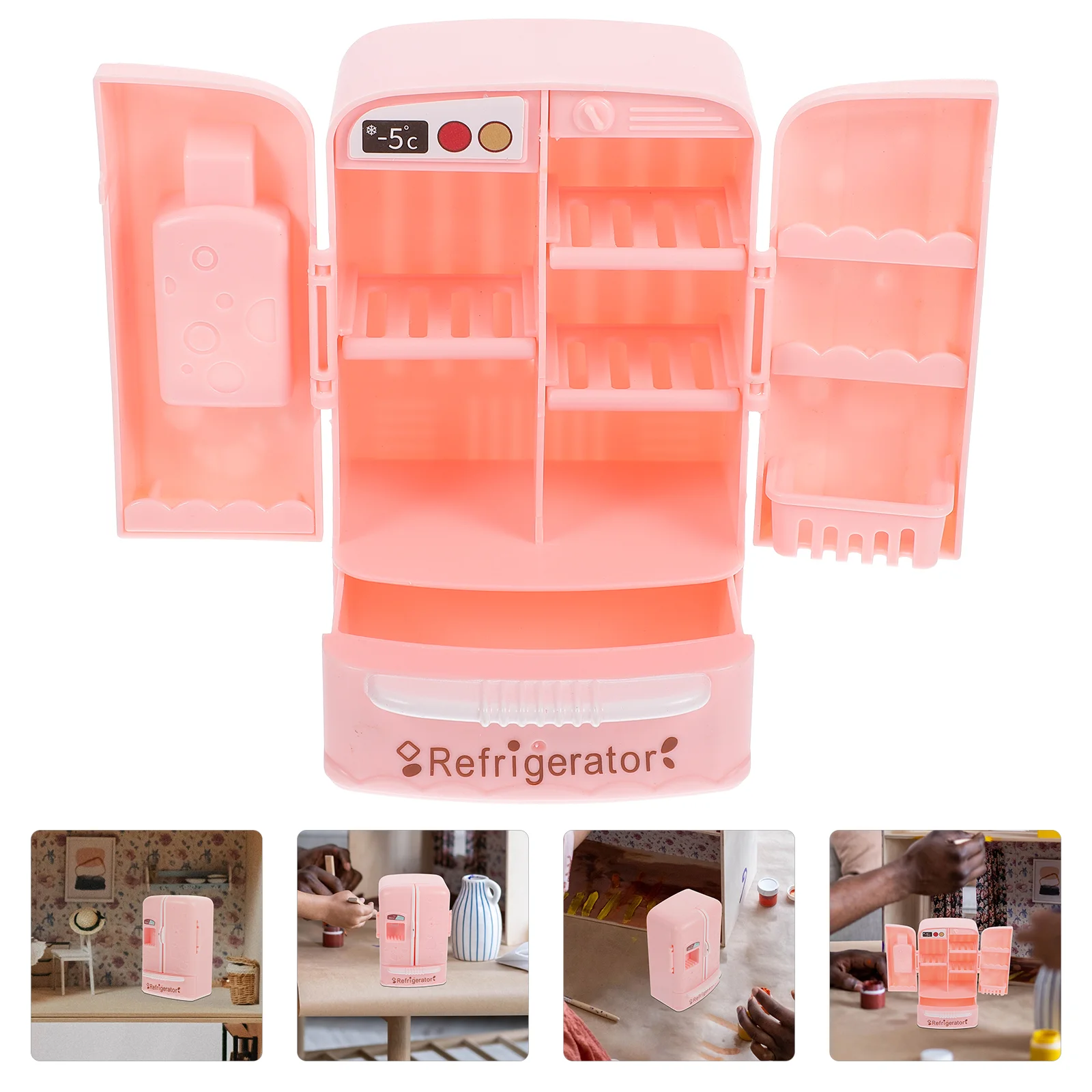 Decoração de casa de bonecas mini simulação geladeira dupla aberta modelo de adereço de cena de cozinha em miniatura (rosa) geladeira minúscula