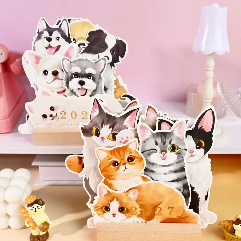 Gifts Dog/Cat 2027 Desk Calendar with Wooden Base Pop-Up Dog Calendar Monthly Planning 3D Pop-Up Calendar Home Office
