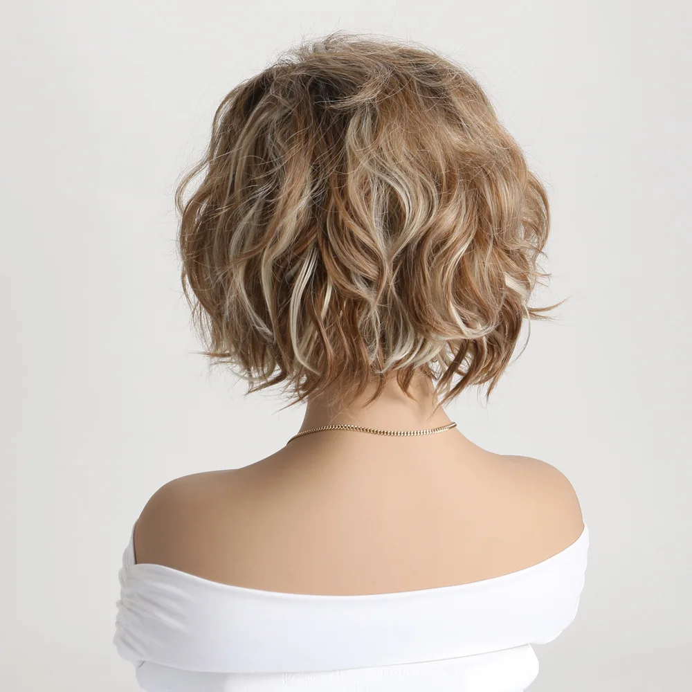 Short Wavy Bob Synthetic Wigs with Bangs Blonde Mixed Brown  Hair Wigs for Women Daily Wear Wig Heat Resistant