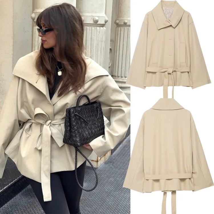 

Women's Collared Belted Trench Coat Vintage Waist-cinching Stylish High-collar Long-sleeve Windbreaker Casual Loose Jacket Top