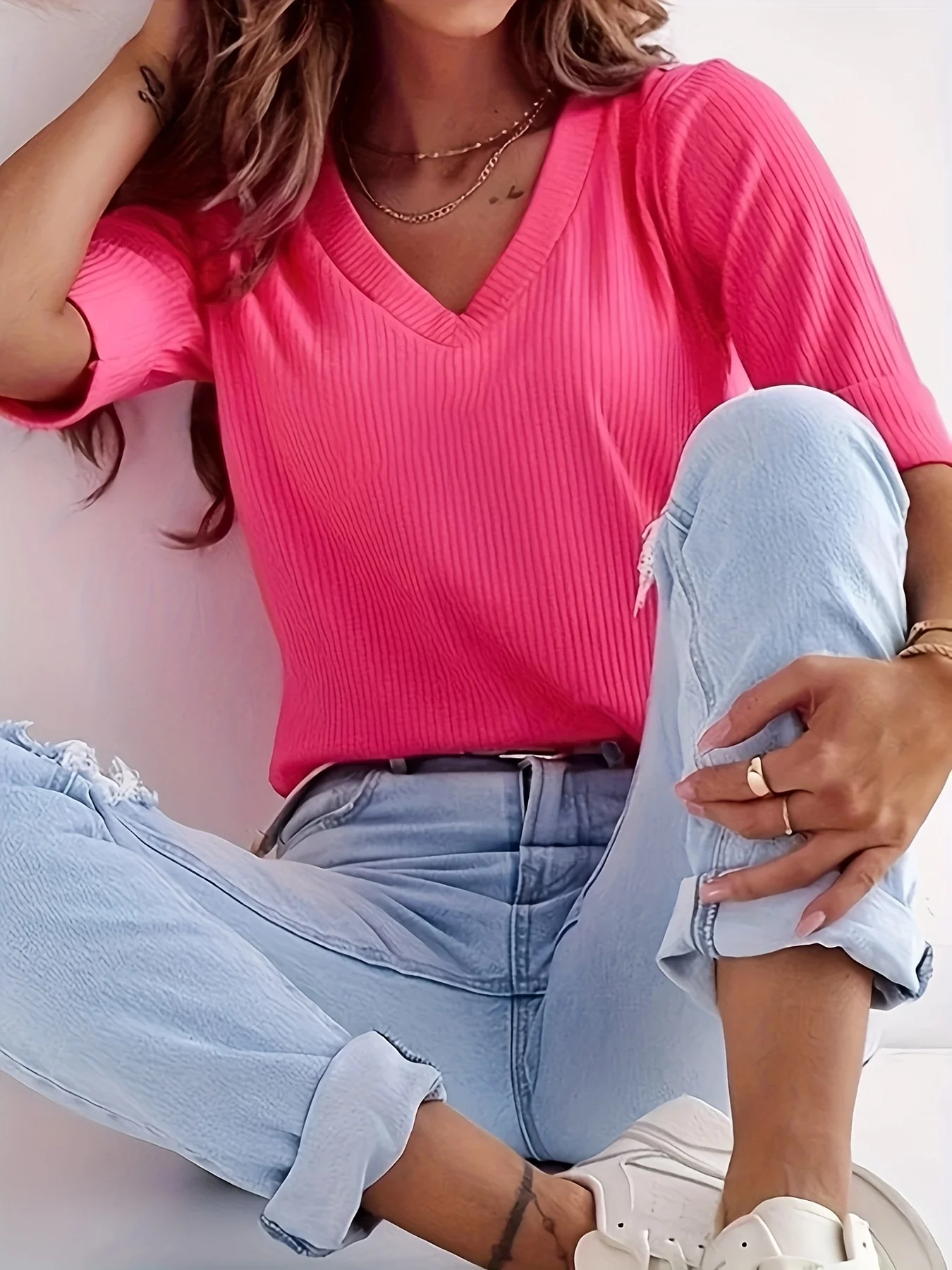 Plus Size Women Casual V Neck Solid Color T-Shirt Top