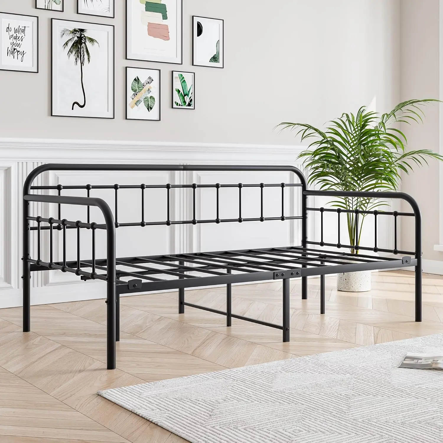 Metal Daybed Frame com aço plataforma slats, mobiliário tamanho duplo, preto