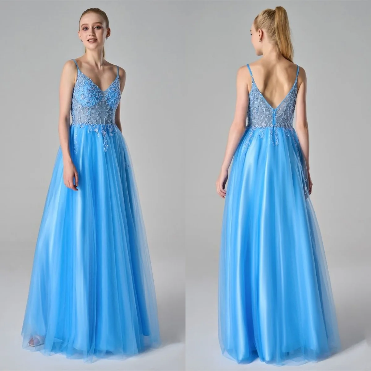 

Vintage Blue Prom Dresses Lace Beads Sleeveless A Line Evening Dresses Glitter Sweep Train Customized Formal Party Gowns
