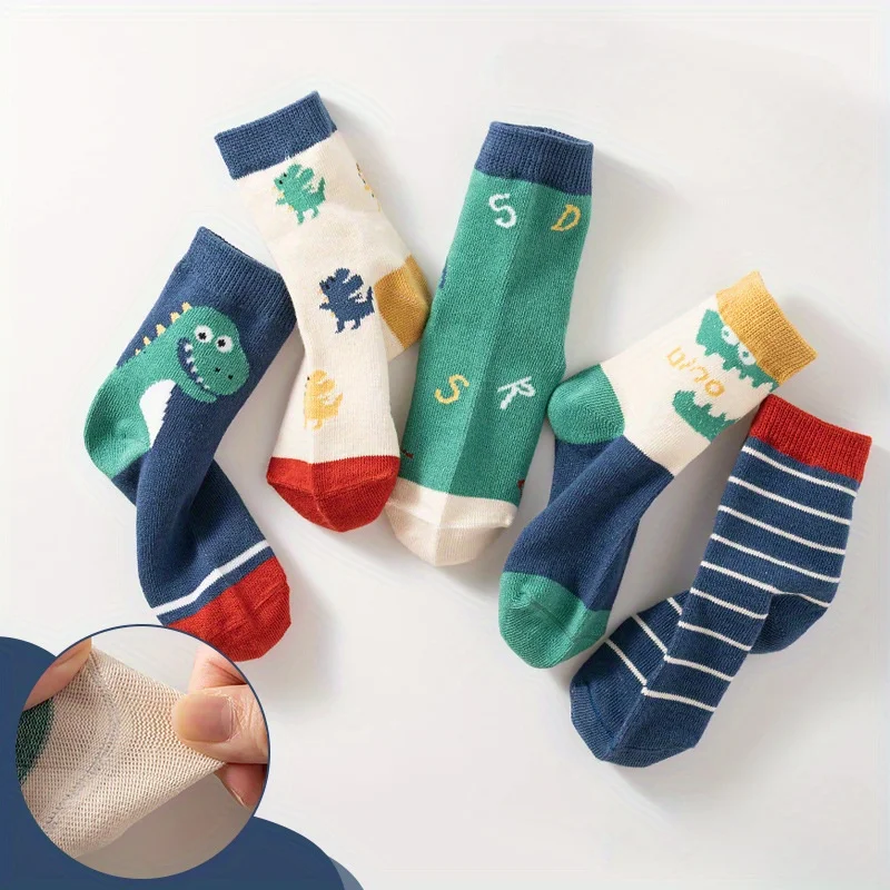 5 Pairs Kids Dinosaur Crew Socks,Cartoon Dino Print Cotton Socks Soft Breathable Children Mid‑calf Socks