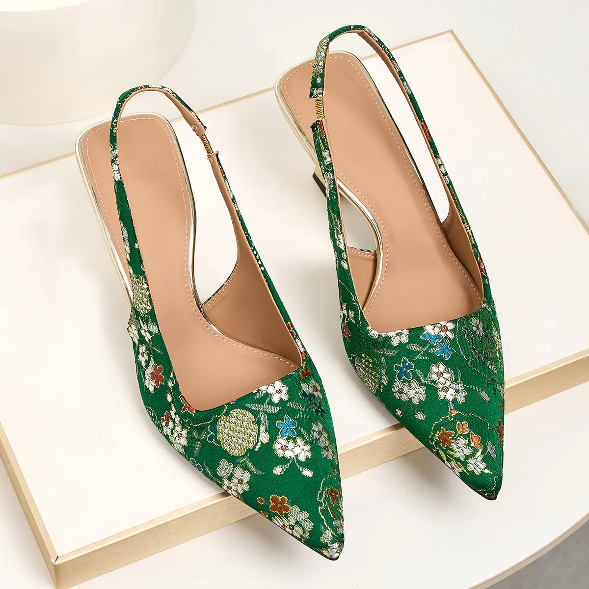 

Bloomsteps Printed Pointed Toe High Heels, Green Women's High Heels, Comfortable Backless Sandals
