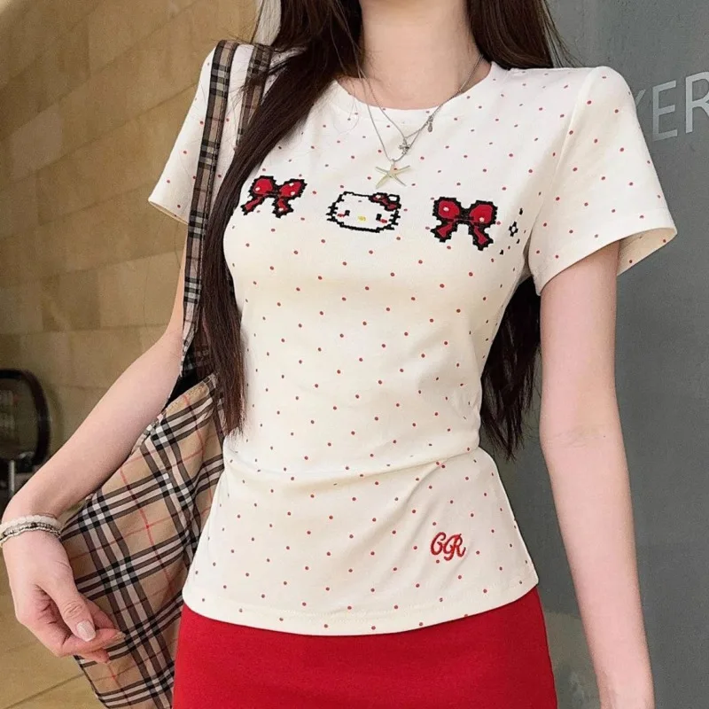 

Женская футболка с короткими рукавами и принтом Hello Kitty, облегающие летние милые и пряные короткие топы, модная одежда