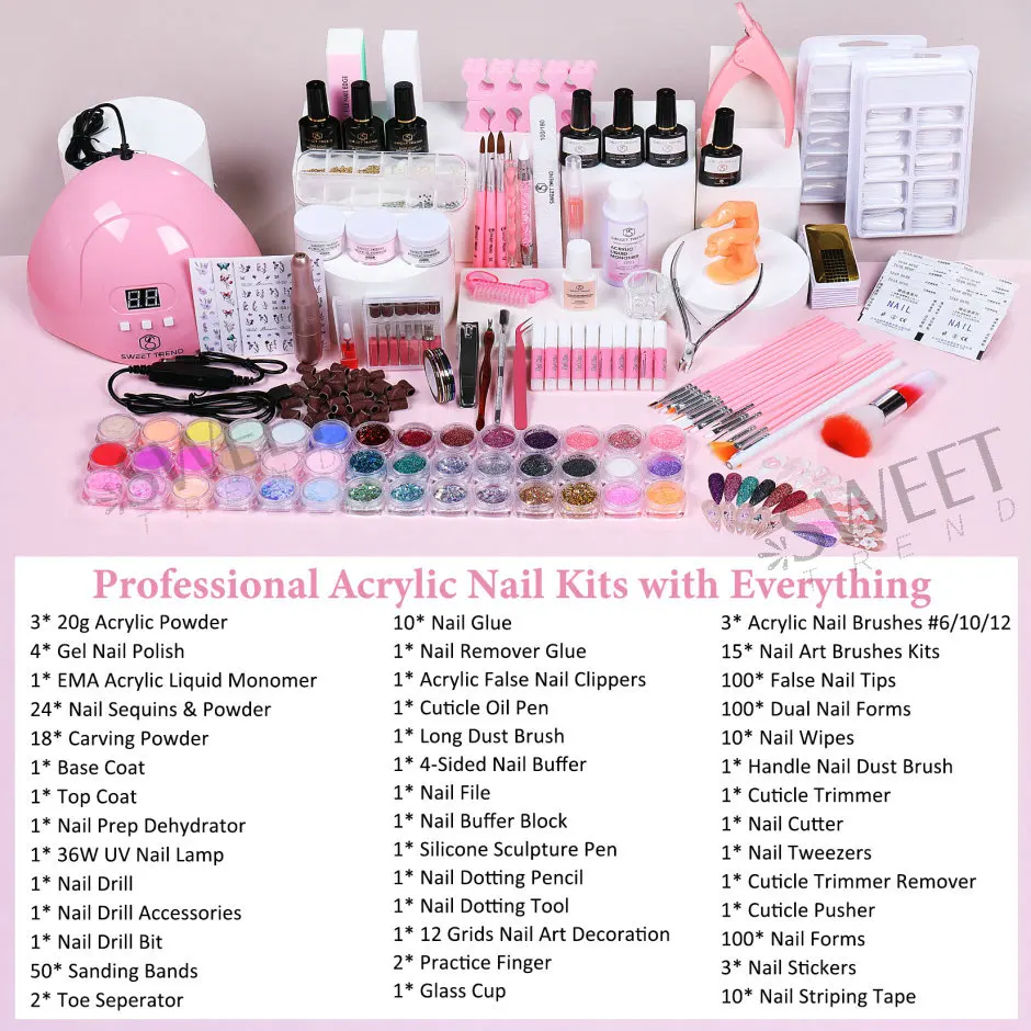 Professional Nail Extension Kit Complete Basic Gel 48W Nail Lamp Acrylic Powder Sticker Tools Electric Drill Rhinestone Manicure