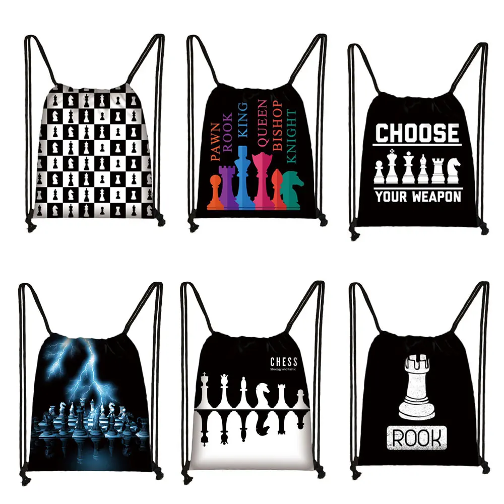 Cute Chess Print Drawstring Bag Chess Player Game Backpacks Large Capacity Storage Bags for Travel Shoes Holder Teenager Daypack