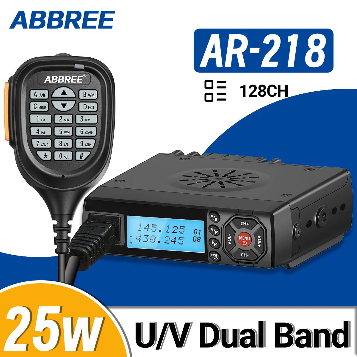 ABBREE AR-218 Mini Mobile Radio 128CH  25W DTMF Dual Band VHF UHF Long Range Walkie Talkie Comunicador Transceiver Car Radio