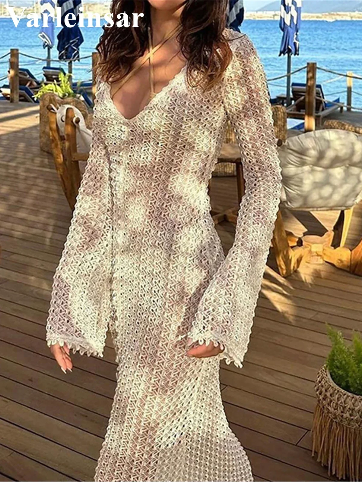 

2025 Long Sleeve See Through Crochet Knitted Tunic Beach Cover Up Cover-ups Beach Dress Beach Wear Beachwear Female Women V5441