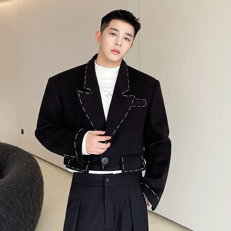 

Temperament Menswear Topstitched Design Short Blazers Loose Notched Single Button Woolen Suit Jacket Spring Winter 2022 New