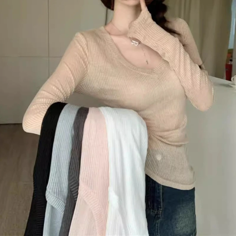 

2026 Women Casual Slim Fit Long Sleeve O-Neck T-shirts Tops Spring Fall Solid Color Tees with Holes Streetwear