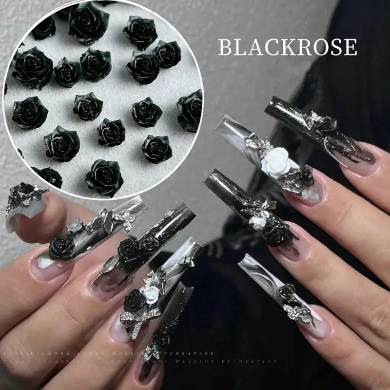 Dijes minimalistas de Rosa Negra pura para manicura, accesorios de decoración de uñas de estilo oscuro, rosa de resina 3D, 50 piezas