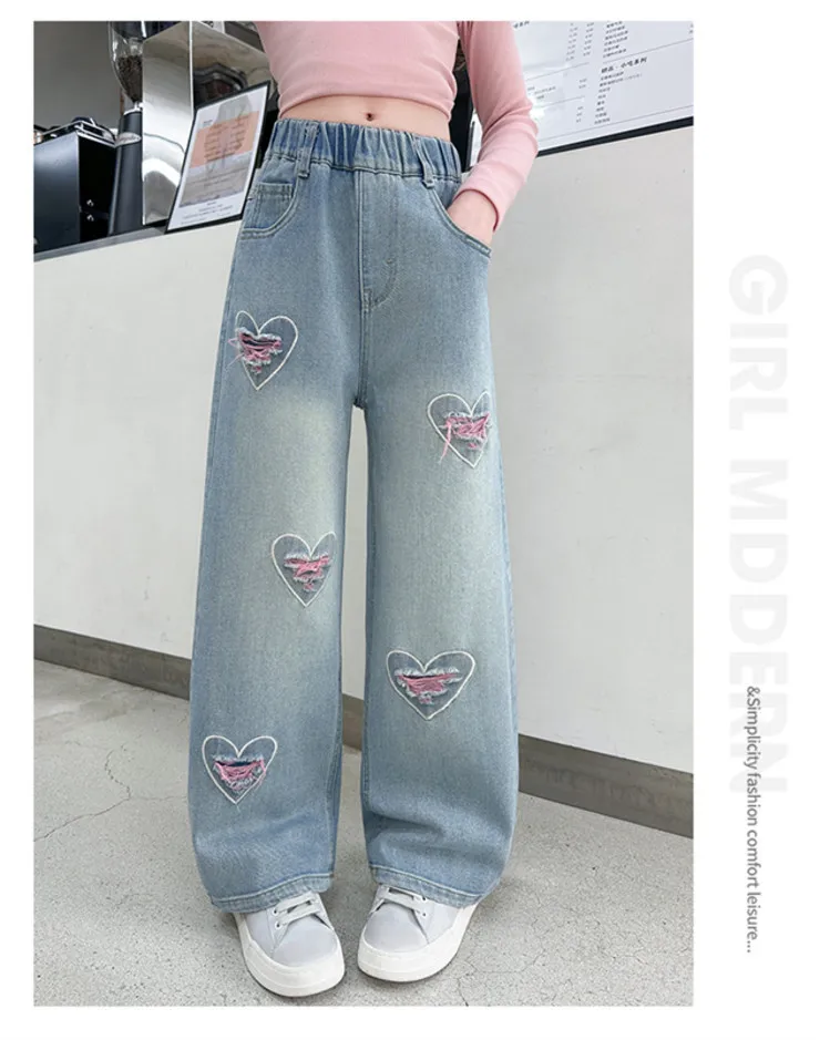 5-14 Jahre Frühling Herbst Mädchen-Jeans, modische Retro- und Vintage-Hose mit fünfzackigem Sternmuster und Stickerei, weit geschnittene Hose für Teenager-Mädchen – Detail 39