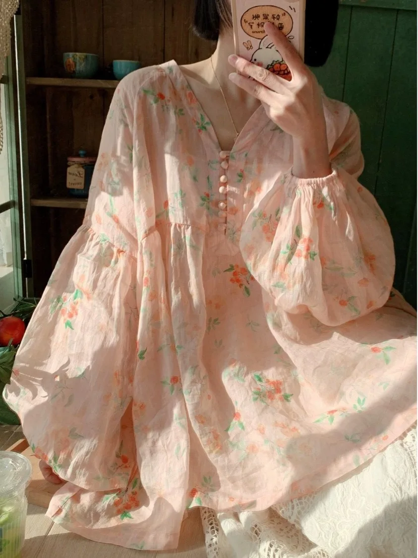 

New Chinese Sle Loose Cotton Linen Printed irt Women's Faion Lantern Sve Top Lantern Sve Cotton Linen irt